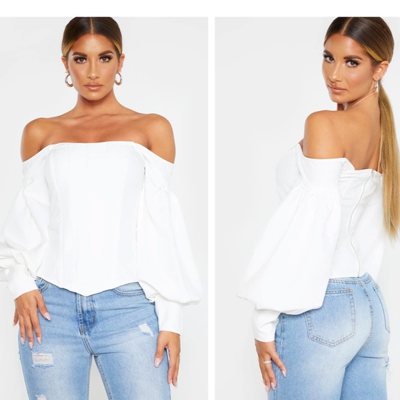 PrettyLittleThing Tops - White Bardot Balloon Sleeve Corset Top Size 2 NWT